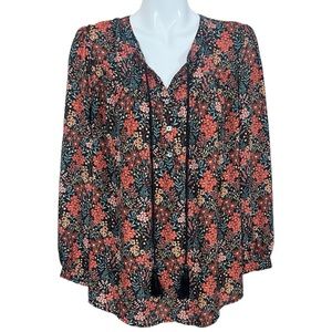 DR2 Daniel Rainn Floral Print Tassel Tie Neck High Low Blouse Size Large